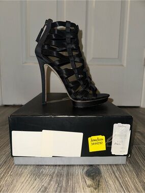 Brian Atwood Black Satin Strappy High Heel Sandals